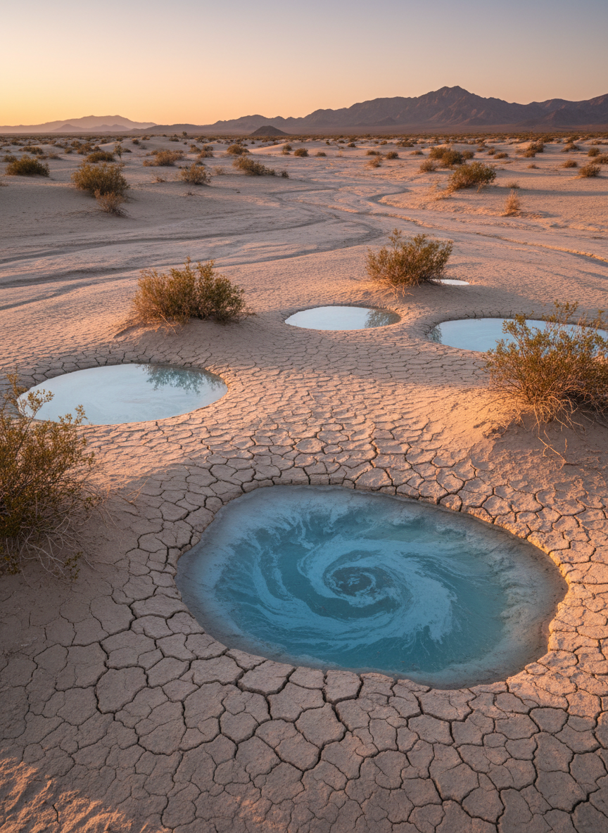 A sprawling, sun-baked desert landscape showing the vast McMullen Valley aquifer beneath a cracked, sandy surface. The foreground features parched soil with visible fissures, and strategically placed transparent layers reveal translucent blue water below with sediment textures. Surrounding the scene are scraggly desert shrubs and distant low mountains. Soft golden hour sunlight bathes the terrain in warm hues, casting long shadows and subtle highlights on the sand. The overall atmosphere is contemplative and urgent, underscoring the aquifer’s fragility. Shot from a slightly elevated angle with sharp focus from foreground to background, this composition embodies clean, photographic realism.