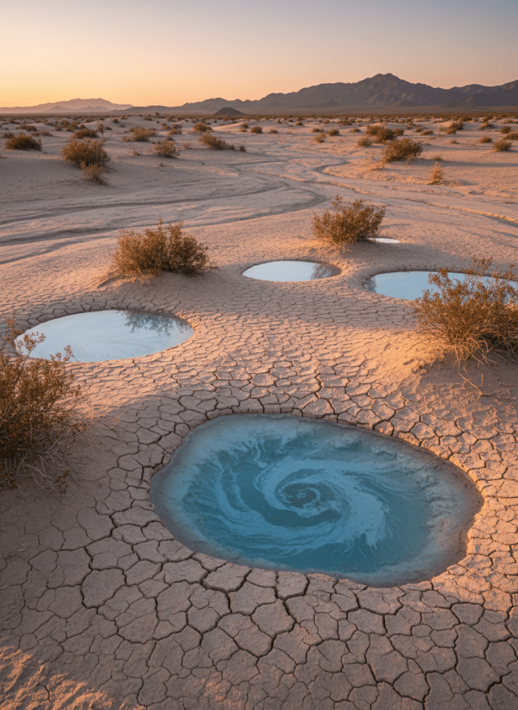 A sprawling, sun-baked desert landscape showing the vast McMullen Valley aquifer beneath a cracked, sandy surface. The foreground features parched soil with visible fissures, and strategically placed transparent layers reveal translucent blue water below with sediment textures. Surrounding the scene are scraggly desert shrubs and distant low mountains. Soft golden hour sunlight bathes the terrain in warm hues, casting long shadows and subtle highlights on the sand. The overall atmosphere is contemplative and urgent, underscoring the aquifer’s fragility. Shot from a slightly elevated angle with sharp focus from foreground to background, this composition embodies clean, photographic realism.